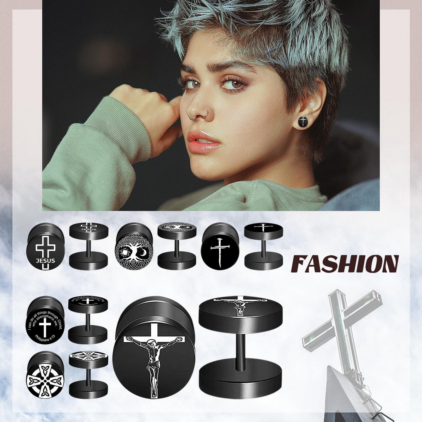6 Pairs 8MM Mens Stainless Steel Wood Stud Earrings,Cupimatch Ear Piercing Plugs Tunnel Earrings for Fathers Day