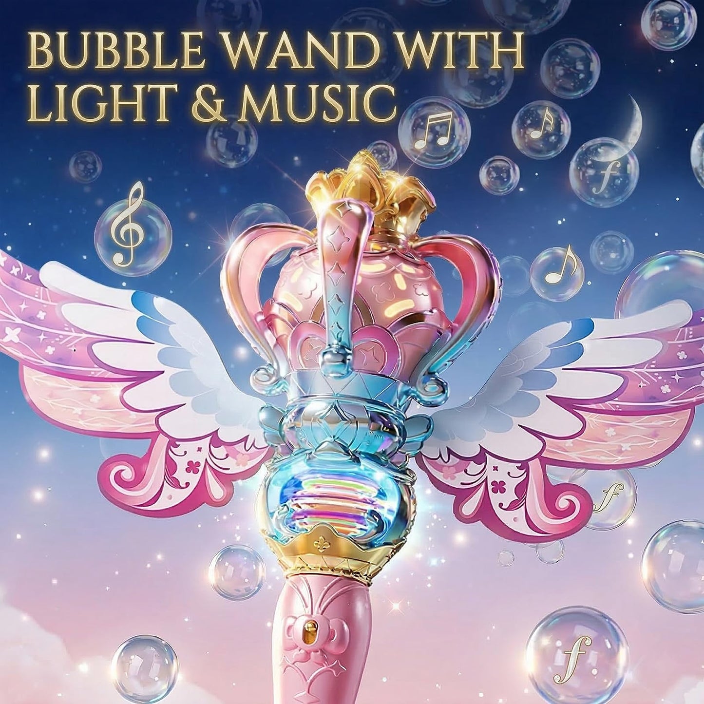 Uregoio Princess Bubble Wand for Girls - Rechargeable Spinning Light Up Magic Fairy Scepter Bubble Machine Toy with 12 Bubble Refills & Music, Easter Birthday Gift for Kids Toddlers Age 3-8 (Pink)