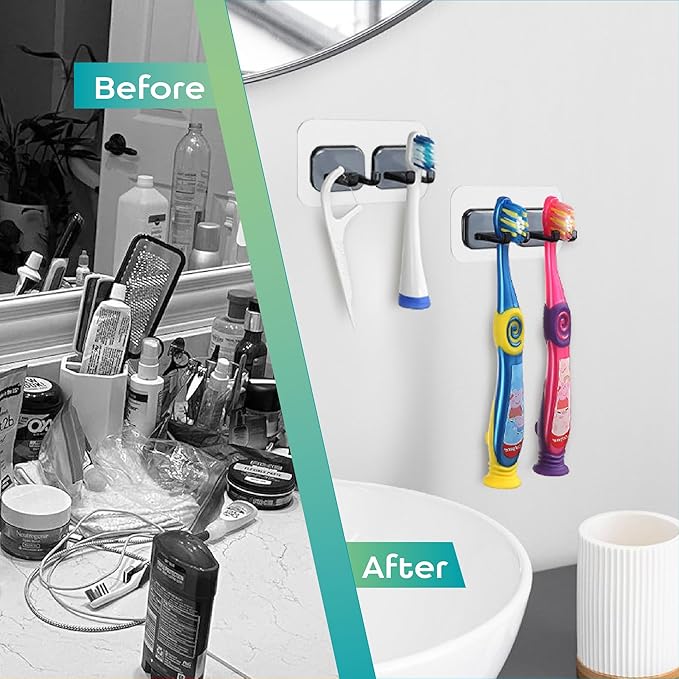 Hook LAB Self-Adhesive Double Toothbrush Holder, 2-Pack, Removable & Reusable Wall-Mounted Storage Organizer, for Bathroom & Kitchen Accessories - Black