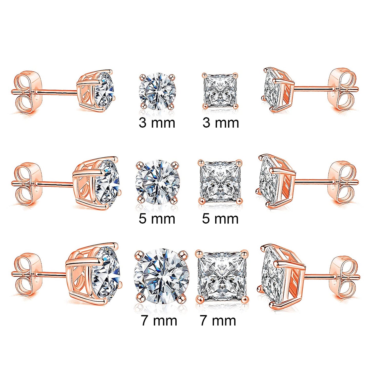 18K Rose Gold Plated Round Princess Cut Clear Cubic Zirconia Stud Earring of 6 Pairs (6 Pairs)
