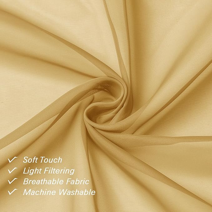 Lecloud Gold Sheer Curtains 90 Inches Long 2 Panels, Breathable Solid Voile Light Filtering Curtain, Lightweight Home Decor Drapes with Rod Pocket for Bedroom Living Room, Each 42" W x 90" L
