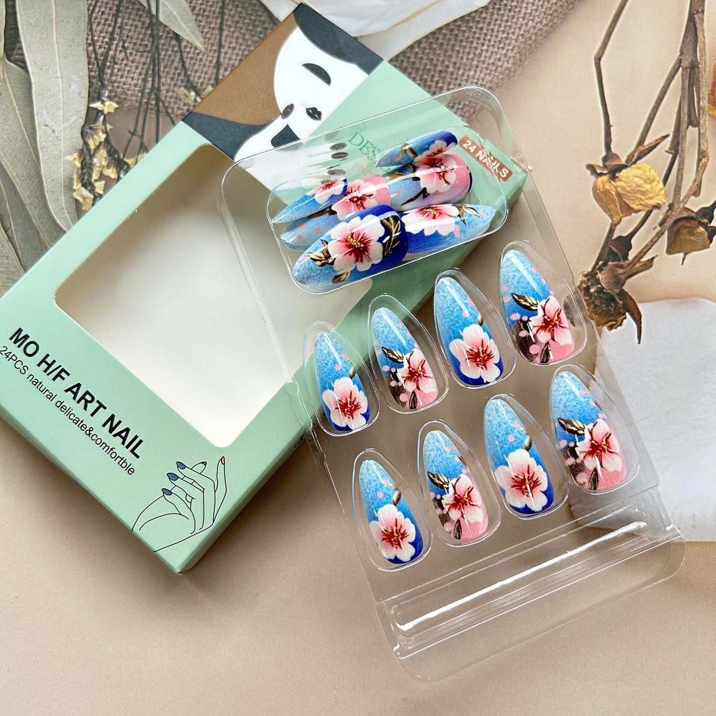 TBRZTR Flower Press on Nails Medium Almond Shaped Pink Floral Pattern Design Spring Summer Fake Nail Full Cover Glossy Acrylic Artificial Fingernails Reusable Blue Glue on Nails for Women 24Pcs