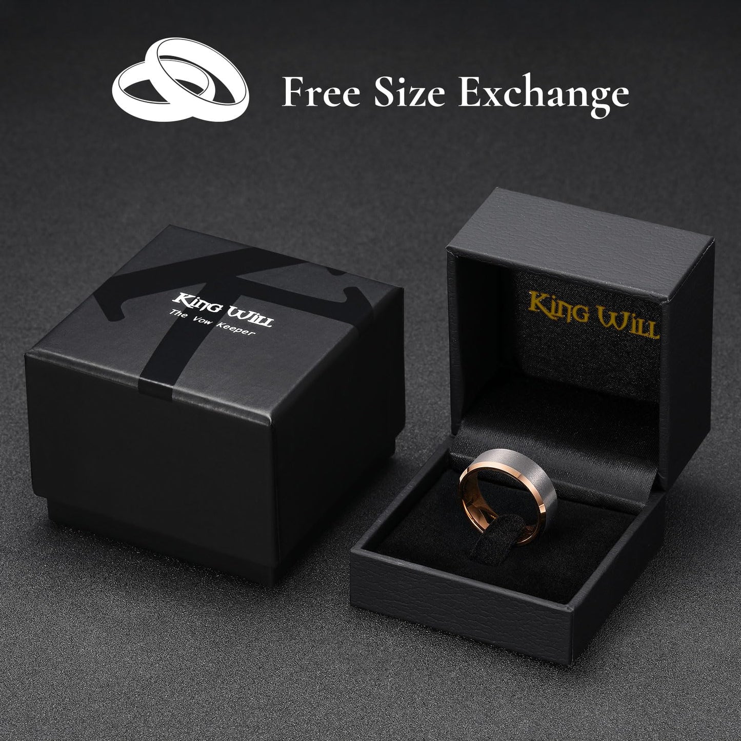 King Will 8mm Classic Tungsten Rings for Men Two-Tone Mens Wedding Bands Simple Engagement Promise Ring Matte Brushed Beveled Edges Comfit Fit Durable, Silver & Rose Gold Plated Size 14