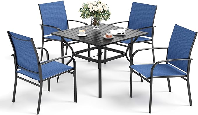 5 Piece Patio Dining Set for 4, 37”x37” Square Table with Umbrella Hole and 4 Metal Blue Chairs, Outdoor Table and Chairs Set for Lawn Backyard and Deck