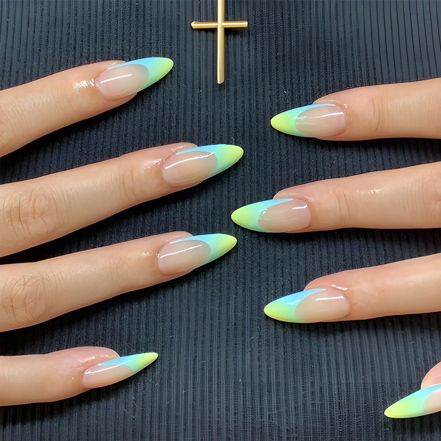 IMSOHOT Almond Press on Nails Medium Green Gradient French Tips Fake Nails with Designs Nude Glossy Full Cover Acrylic False Nails Glue on Nails for Women 24Pcs