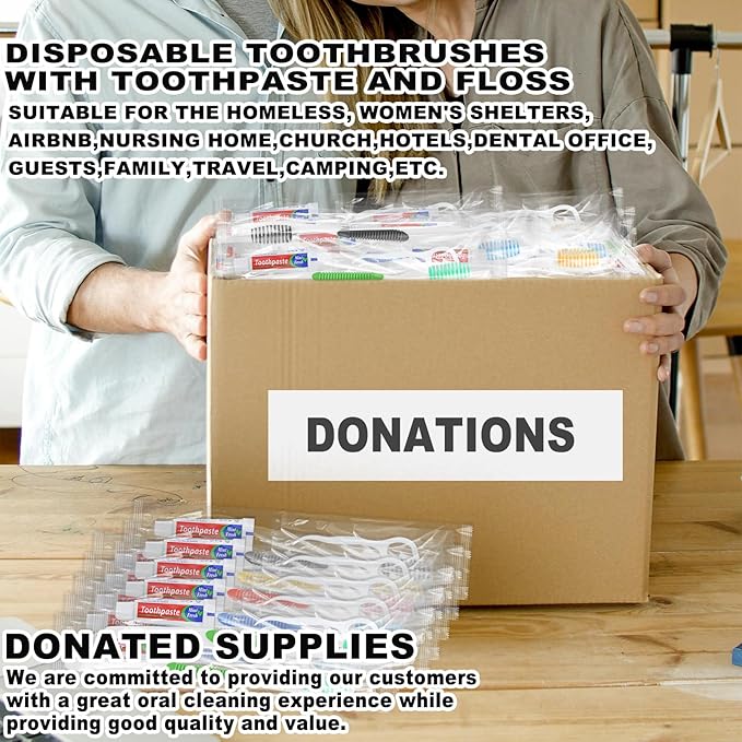 Disposable Toothbrushes with Toothpaste and Floss,200pcs Single Use Individually Wrapped Disposable Travel Toothbrushes and Dental Floss Kit Bulk for Homeless,Airbnb,Dentist,Hotel(5 Colors)