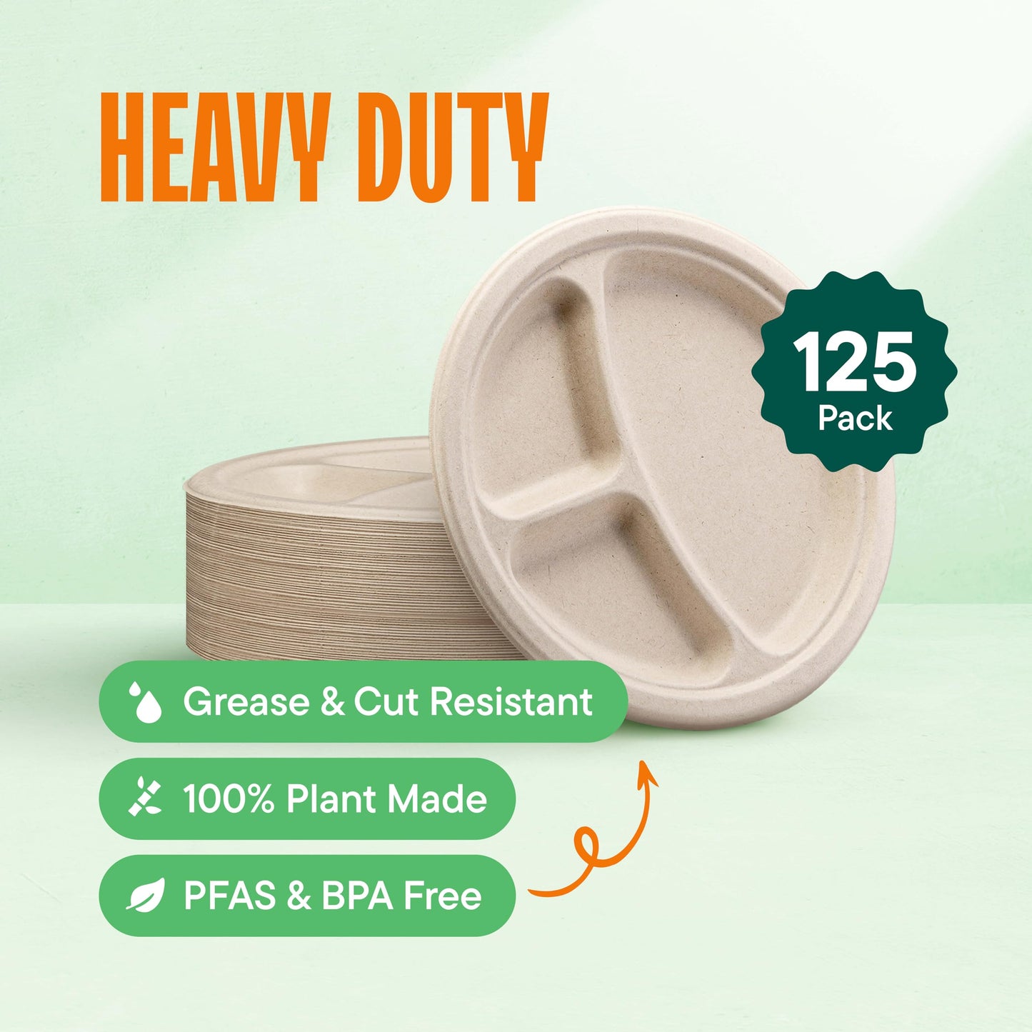 100% Compostable, 3 Compartment, Disposable Paper Plates [125-Pack] - {PFAS Free} - {BPA Certified} - [9 Inch] Heavy Duty Biodegradable Bagasse Sectional Lunch Trays + Dividers - Divided Platte Tray