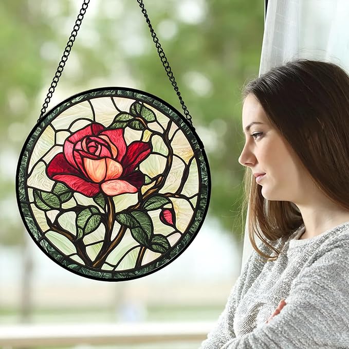 Stained Glass Window Hanging, Red Rose Flowers Sun Catcher for Door Garden Home Decor Suncatcher Christmas Mother's Day Birthday Gifts for Women Lovers Men Wife Girlfriend Mom Nana 15 in