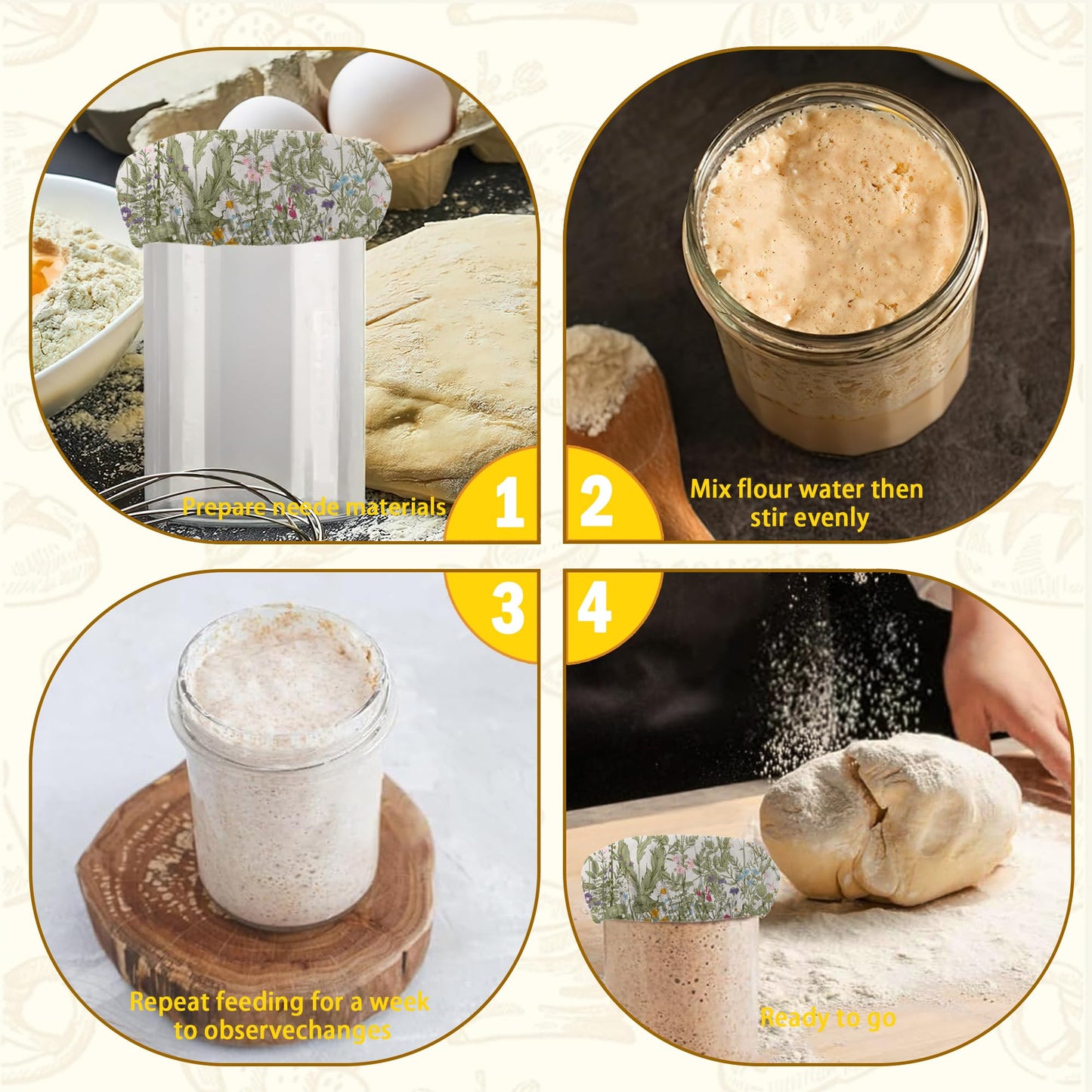 Herbs 5- Pack Cloth Covers for Sourdough Starter Jar, Wild Flowers Cloth Covers Reusable Lid Top Sourdough Bowl Cover Bread Fermentation Baking Supplies for 3-4 Inch Jar Mouth