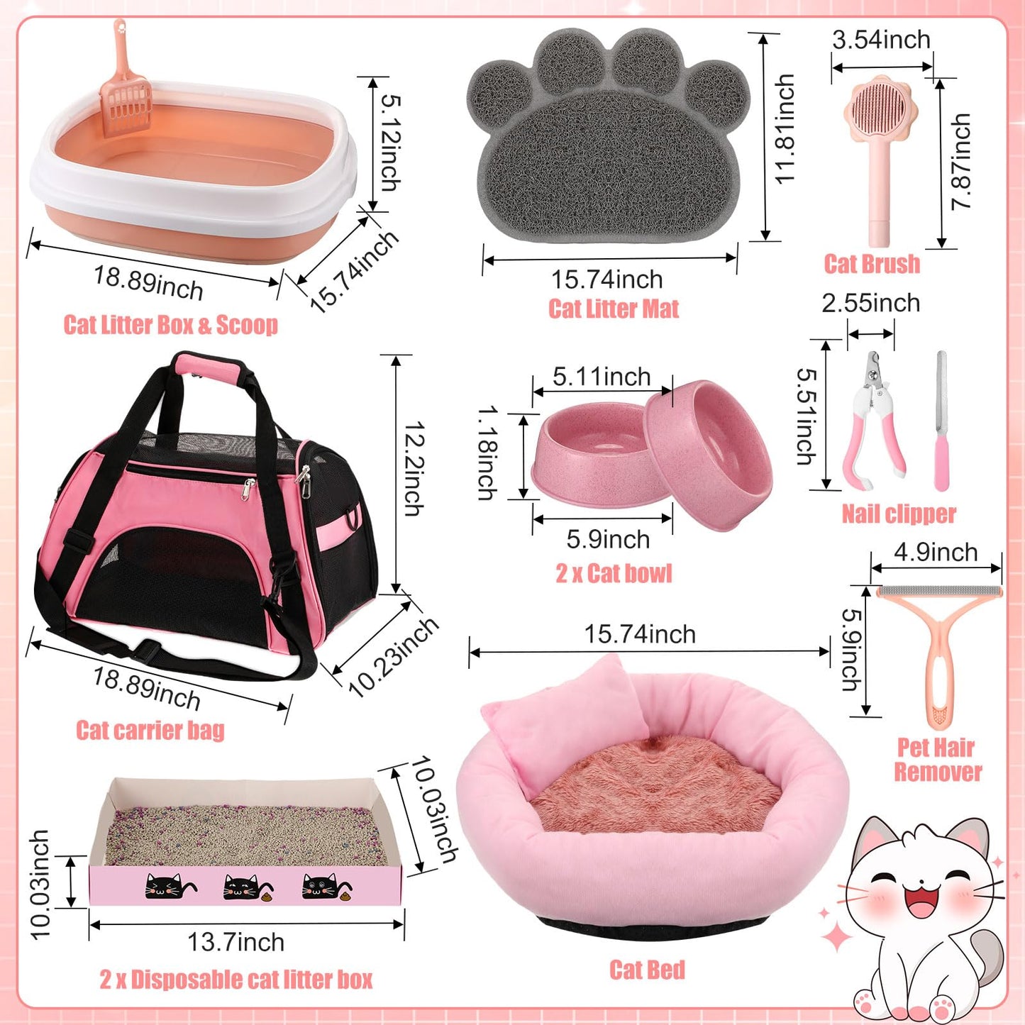 40 Pcs Kitten Starter Kit for Indoor Cats Include Litter Box, Carrier, Cat Bed, Climbing Post, Scratch Pad, Hammock, Feed Bowls, Mat, Collars, Nail File and More for Kitten Supplies Welcome Gift(Pink)