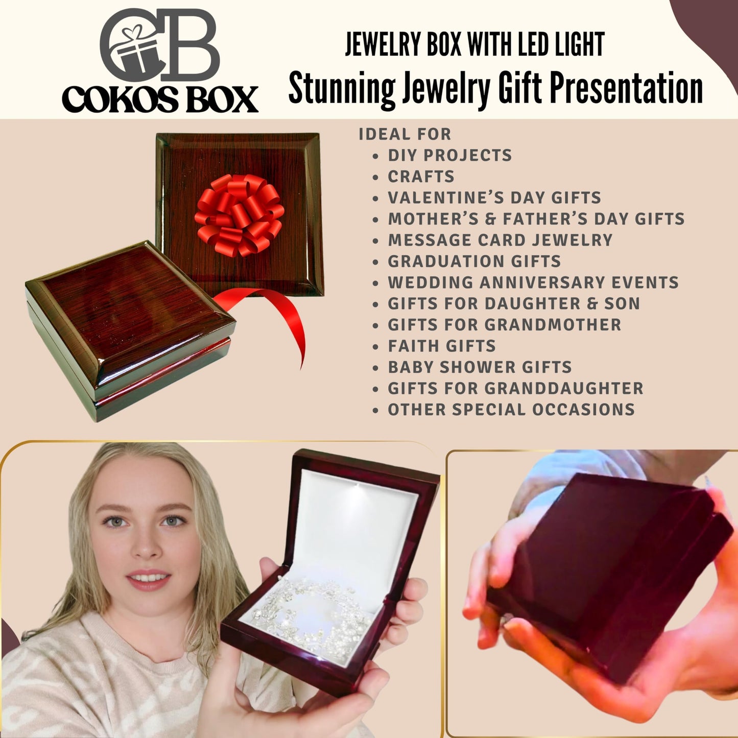 Necklace Box with LED Light – Small Jewelry Display Case for Bracelet, Earrings, or Chains – Luxury Lighted Wooden Presentation Box for Gifts, DIY Crafts, Mahogany, White Interior