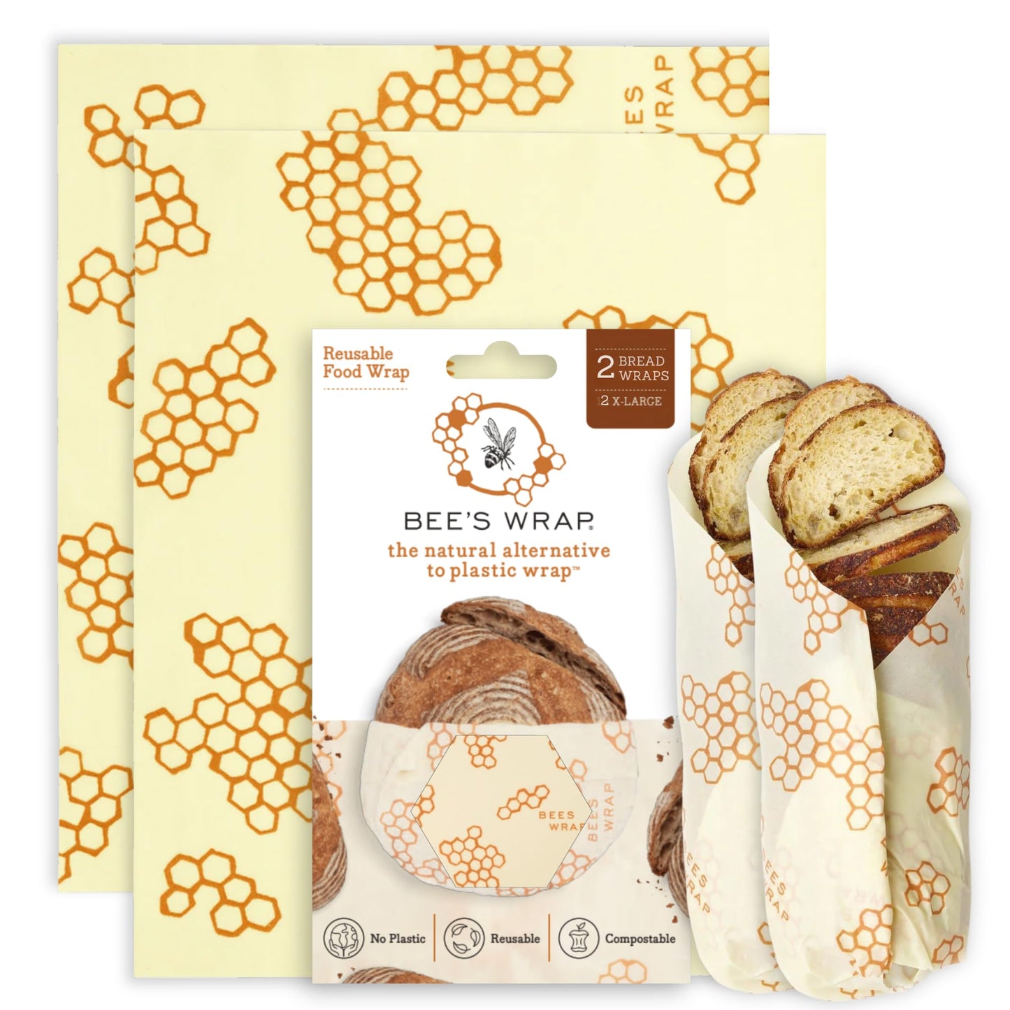 Bee's Wrap Beeswax Wraps for Bread - 2 Pack Beeswax Bread Wrap for Sourdough & Bread Storage - Plastic Free Made in USA Reusable Natural Food Wrap - & Honeycomb
