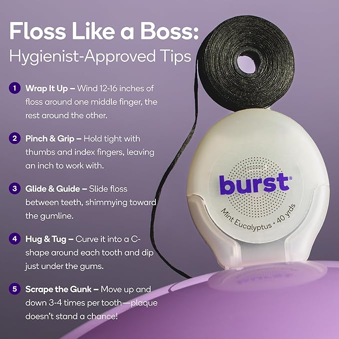 Burst Expanding Dental Floss (Mint Eucalyptus/120 Yards) | Stain Absorbing & Woven Tooth Floss with Xylitol Coating to Fight Cavities | Vegan | Paraben Free Expanding Floss