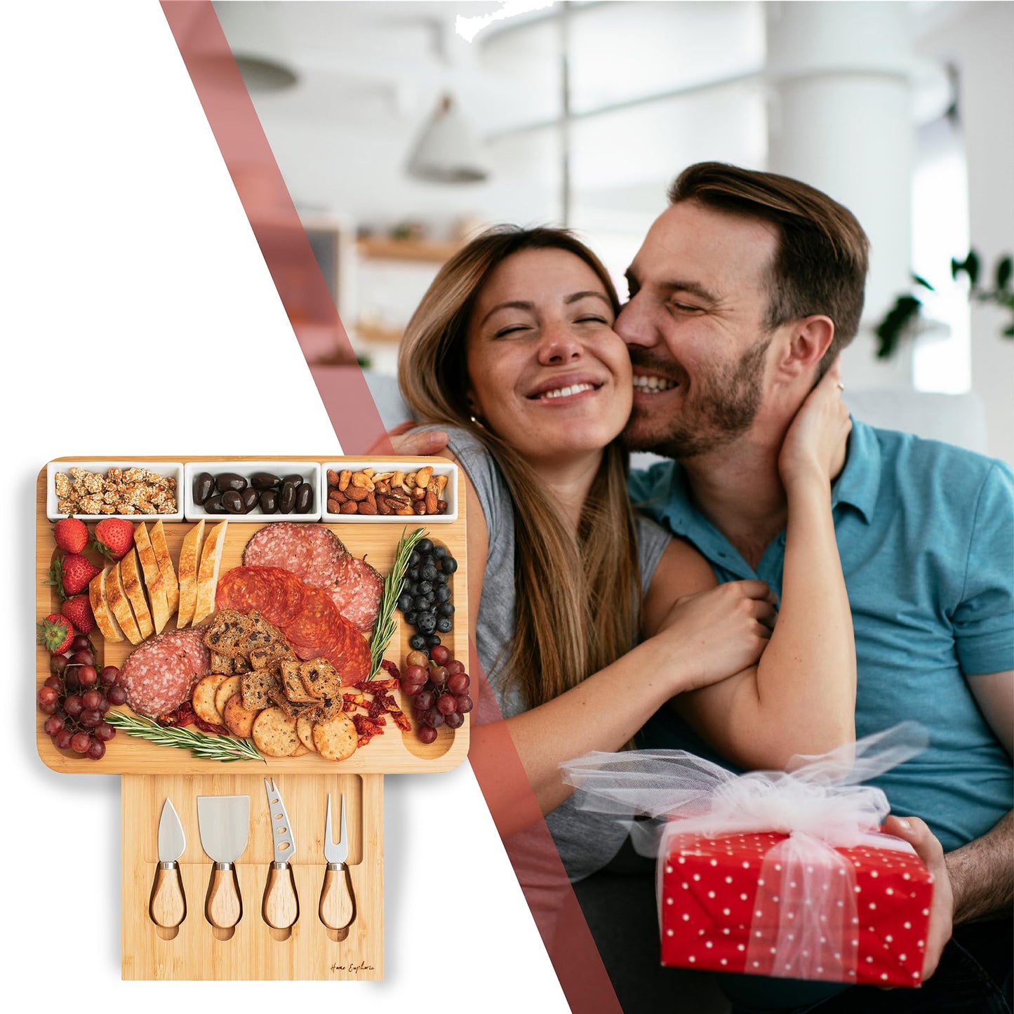 Home Euphoria Large Bamboo Charcuterie Board and Knife Set - Cheese Board with Bowls, Beautiful Gift for Mom