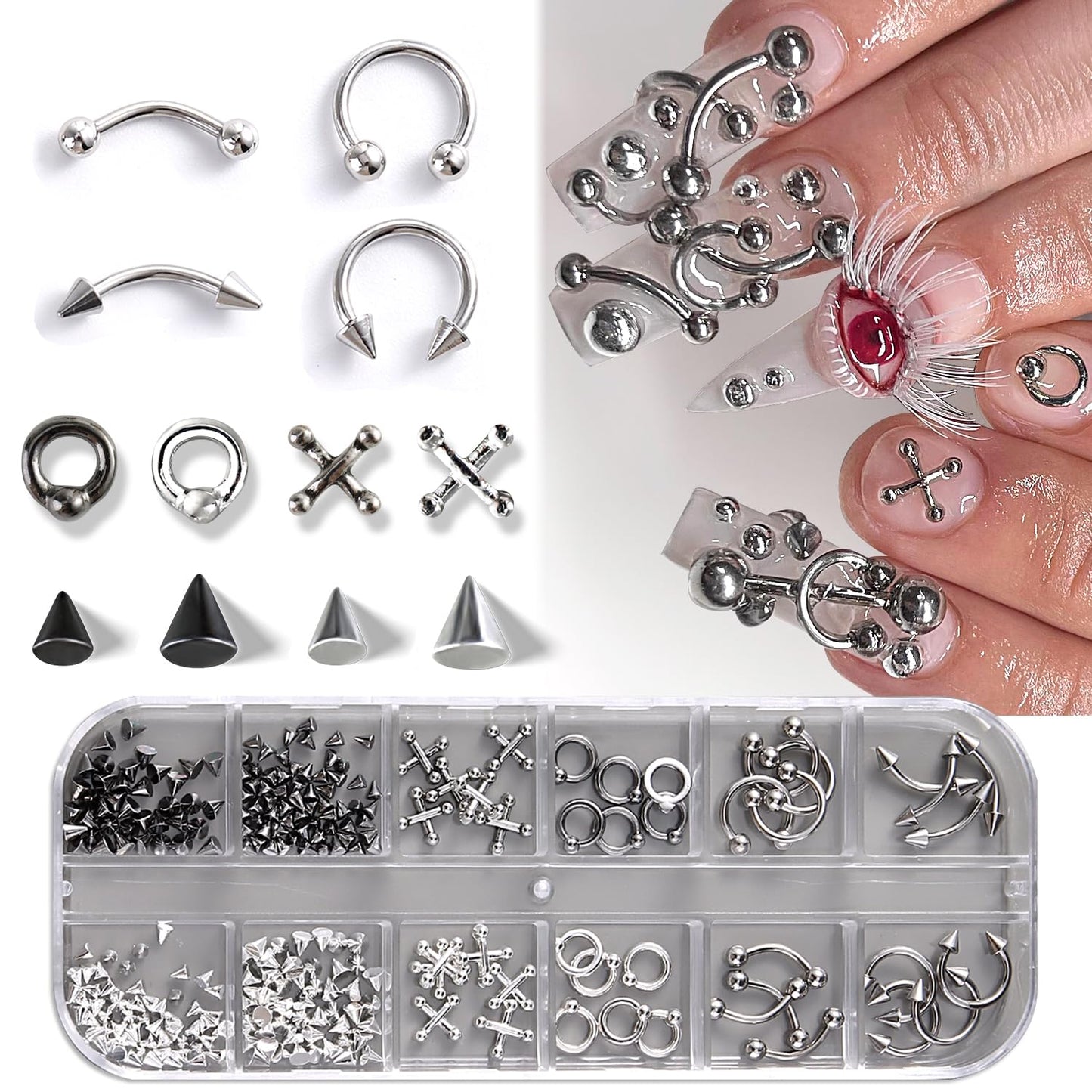 Furtherpretty Gothic Nail Charms Set, 3D Black & Silver Piercing Nail Charms with Metal Rings, Triangle Spikes & Rivet Studs for Nails, Y2K Punk Goth Nail Art Decorations Accessories with Tweezers