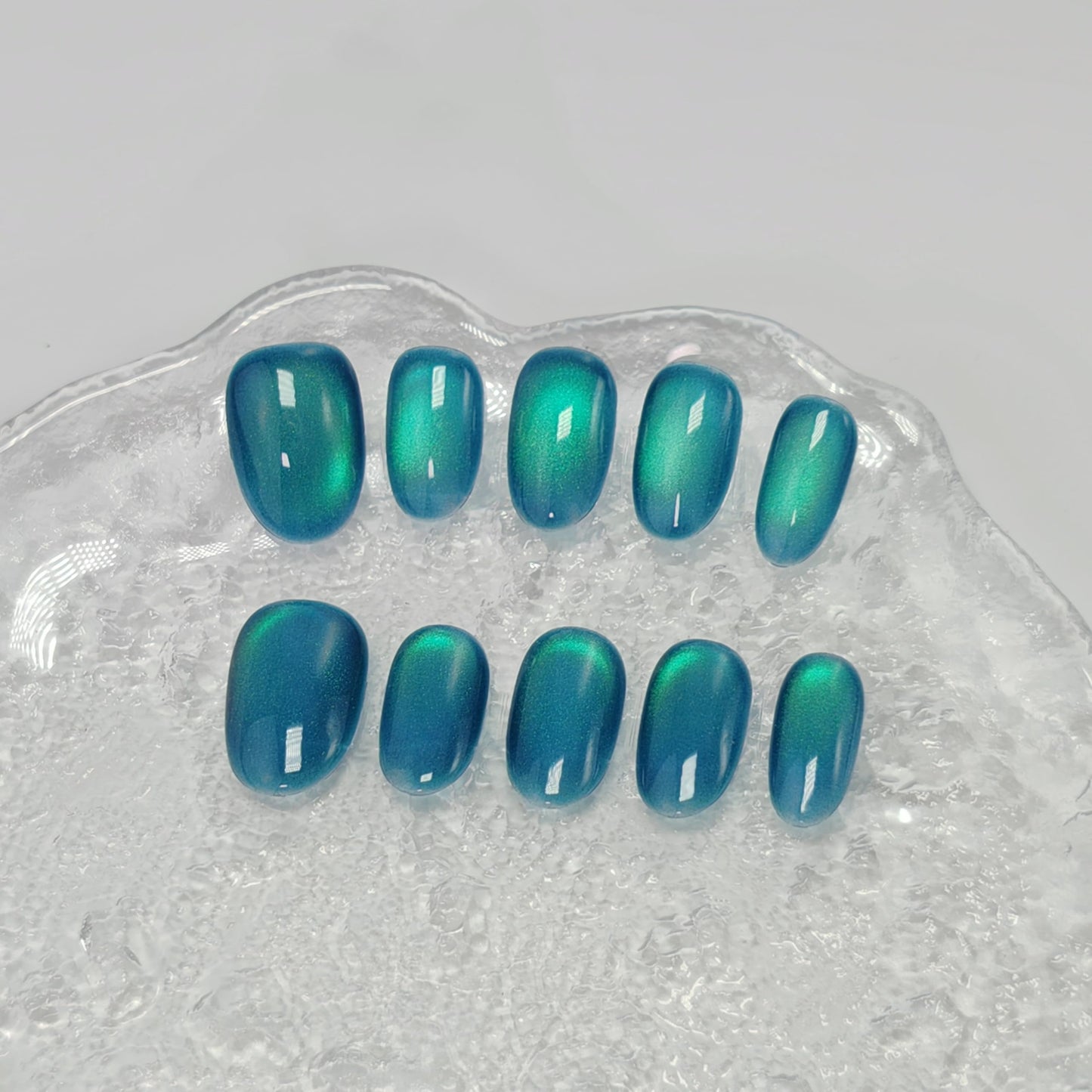 Cat Eye Press on Nails Handmade Short Oval/Square/Round False Nails with French Tip/Aurora/Magnetic Shimmer Designs (Jelly#Ice Lake, Medium)