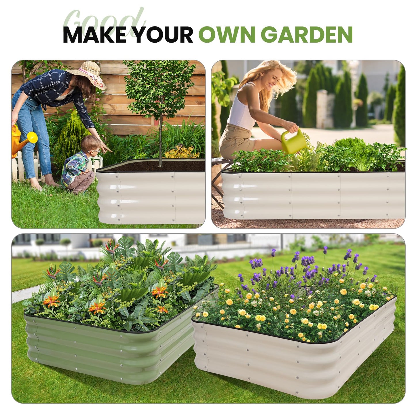 G GOOD GAIN 4-in-1 Adjustable Raised Garden Bed Kit | Galvanized Planter Boxes for Vegetables, Flowers | 12" Tall, Multiple Sizes (5x3x1ft, 4x4x1ft, 6x2x1ft, 7x1x1ft) | Outdoor Metal Raised Bed, White