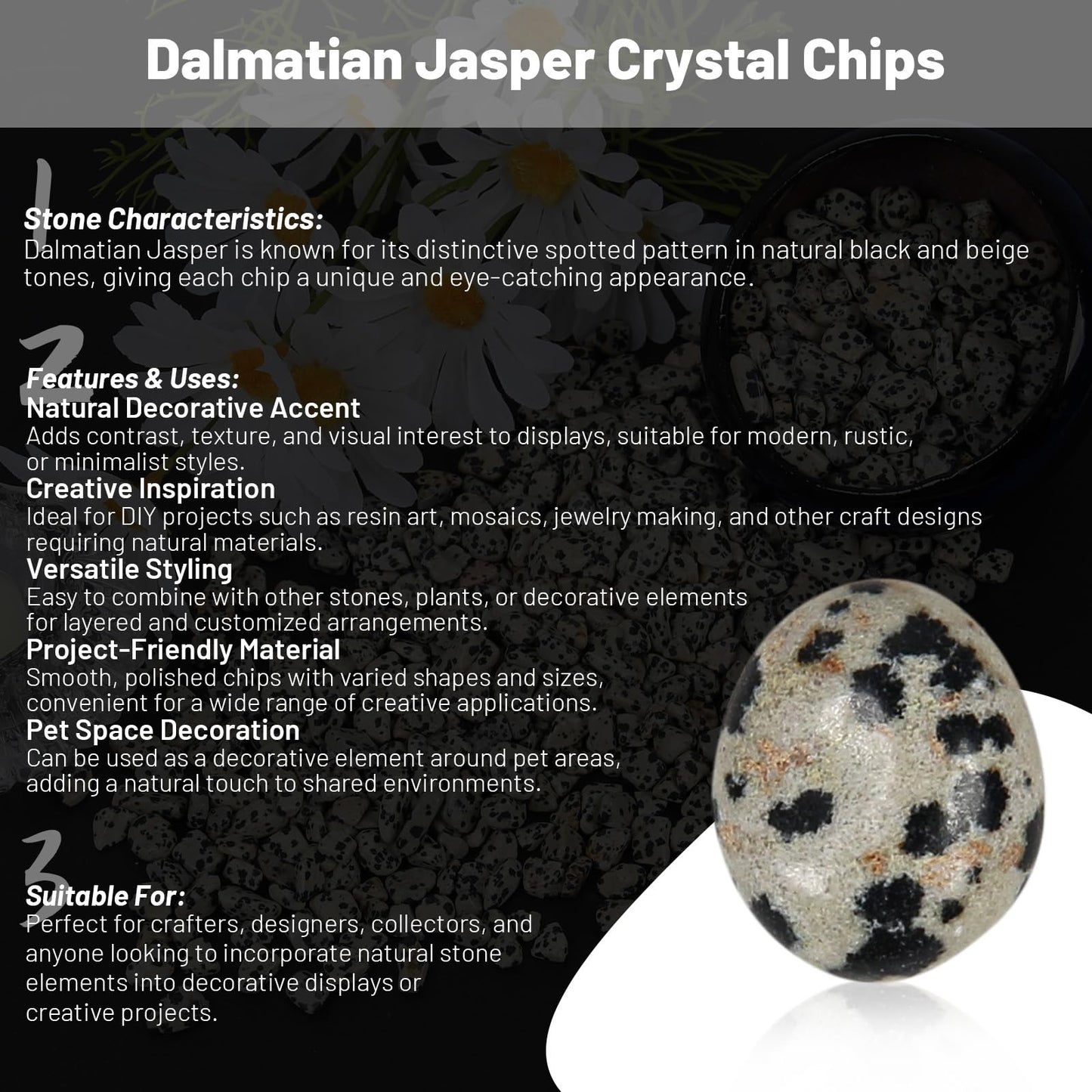 1.1lb Natural Crushed Dalmatian Jasper Crystal Tumbled Chips-Healing Crystals Chips Bulk, Crushed Crystal Gemstones for Crafts, Beautiful Package for Gift (Dalmatian Jasper)