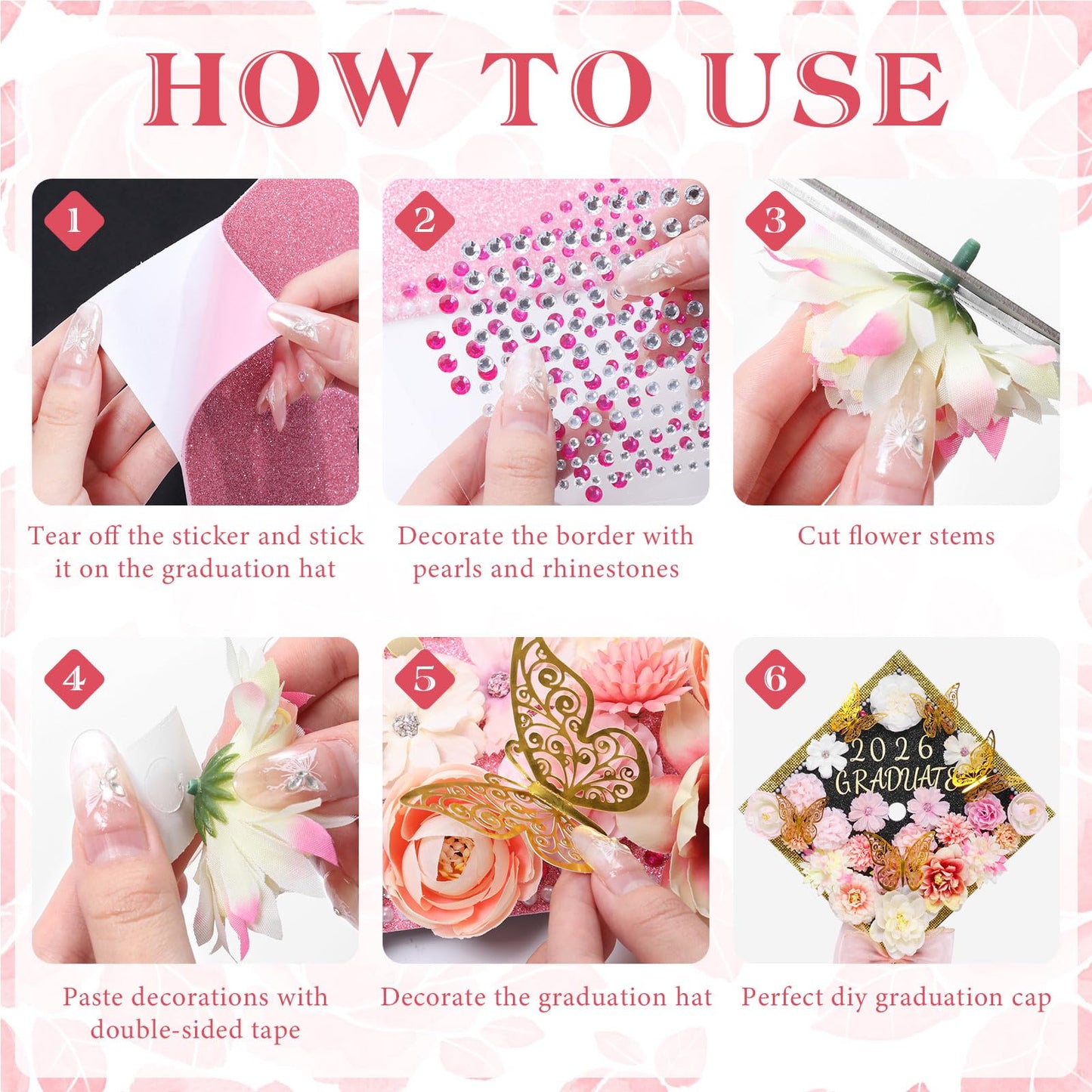 Harsever 48Pcs Graduation Cap Decorations DIY Kit,Grad Cap Decorations Decor with Faux Flower 3D Butterfly Rhinestones Alphabet Letter Stickers for DIY Graduation Party Supplies (Pink)