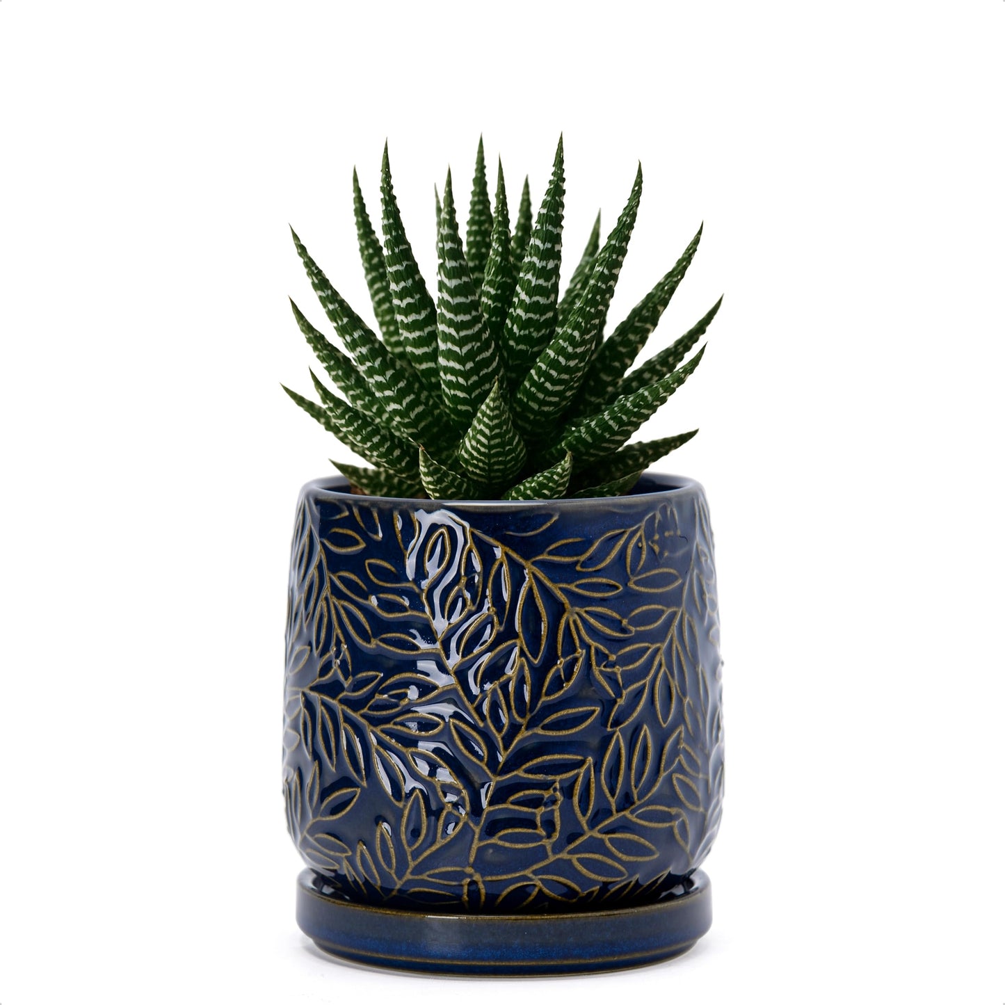 D'vine Dev 4 Inch Embossed Leaves Stoneware Planter Pot with Drainage Hole and Saucer, Midnight Blue, 27-A-Z-3