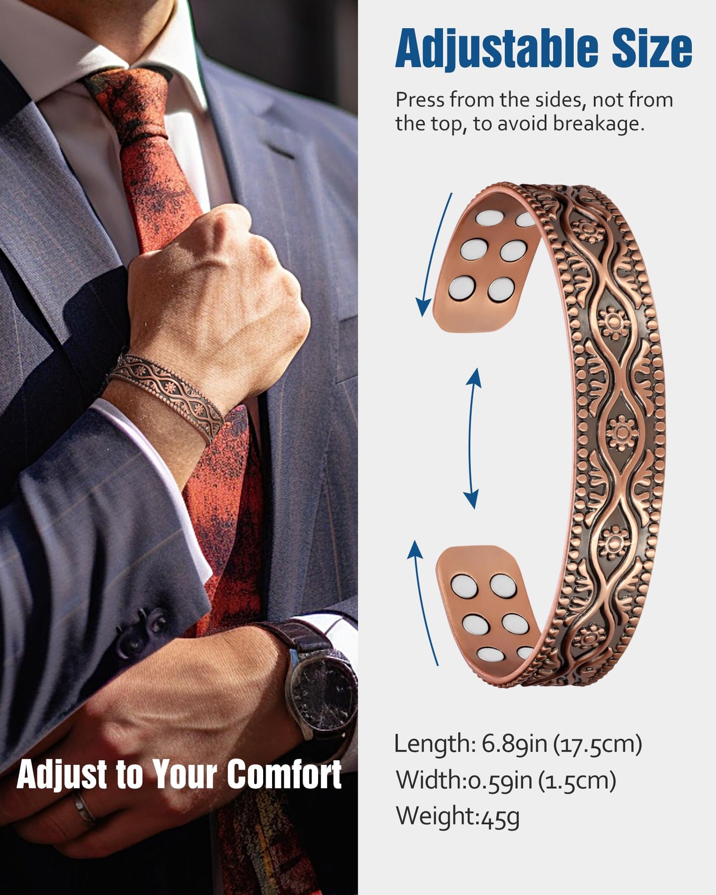 Jecanori Copper Bracelet for Men, 18X Strength Mens Magnetic Copper Bracelets with 3,800 Gauss Magnets, 99.99% Pure Solid Copper, Copper Jewelry Gift
