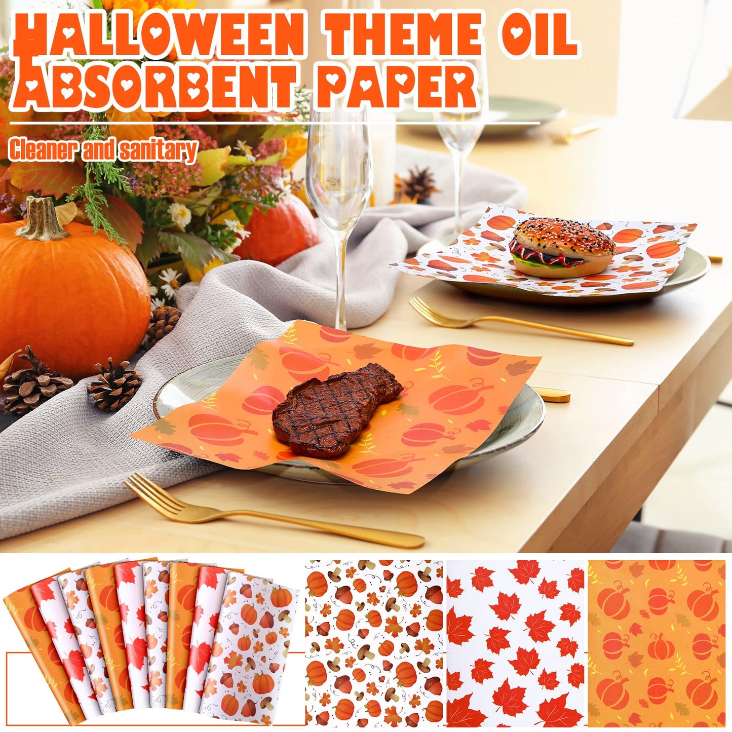 Tinlade 150 Pcs Fall Thanksgiving Wax Paper Sheets Maple Leaf Pumpkin Mushroom Food Wrap Paper Sheets Parchment Grease Resistant Waterproof Food Liner Oil Proof Picnic Liner for Kitchen