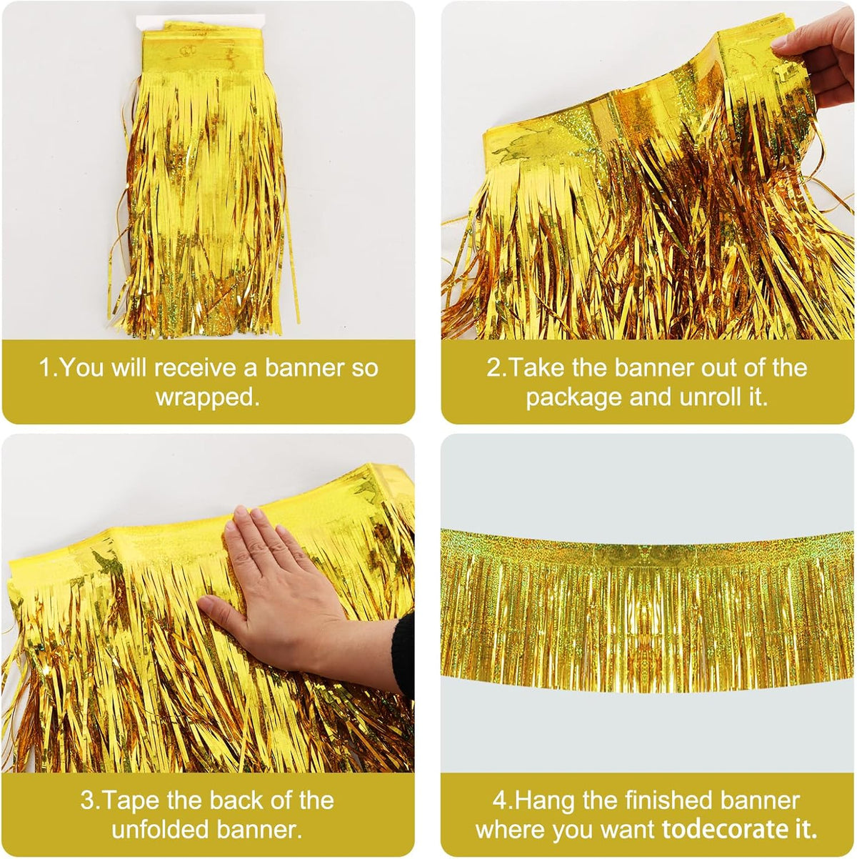 BEISHIDA 3 Packs 30 Feet Metallic Foil Fringe Garland Tinsel Streamers，Laser Gold Wall Hanging Tinsel Fringe Banners for Wedding Birthday Party Decoration Halloween Christmas New Year