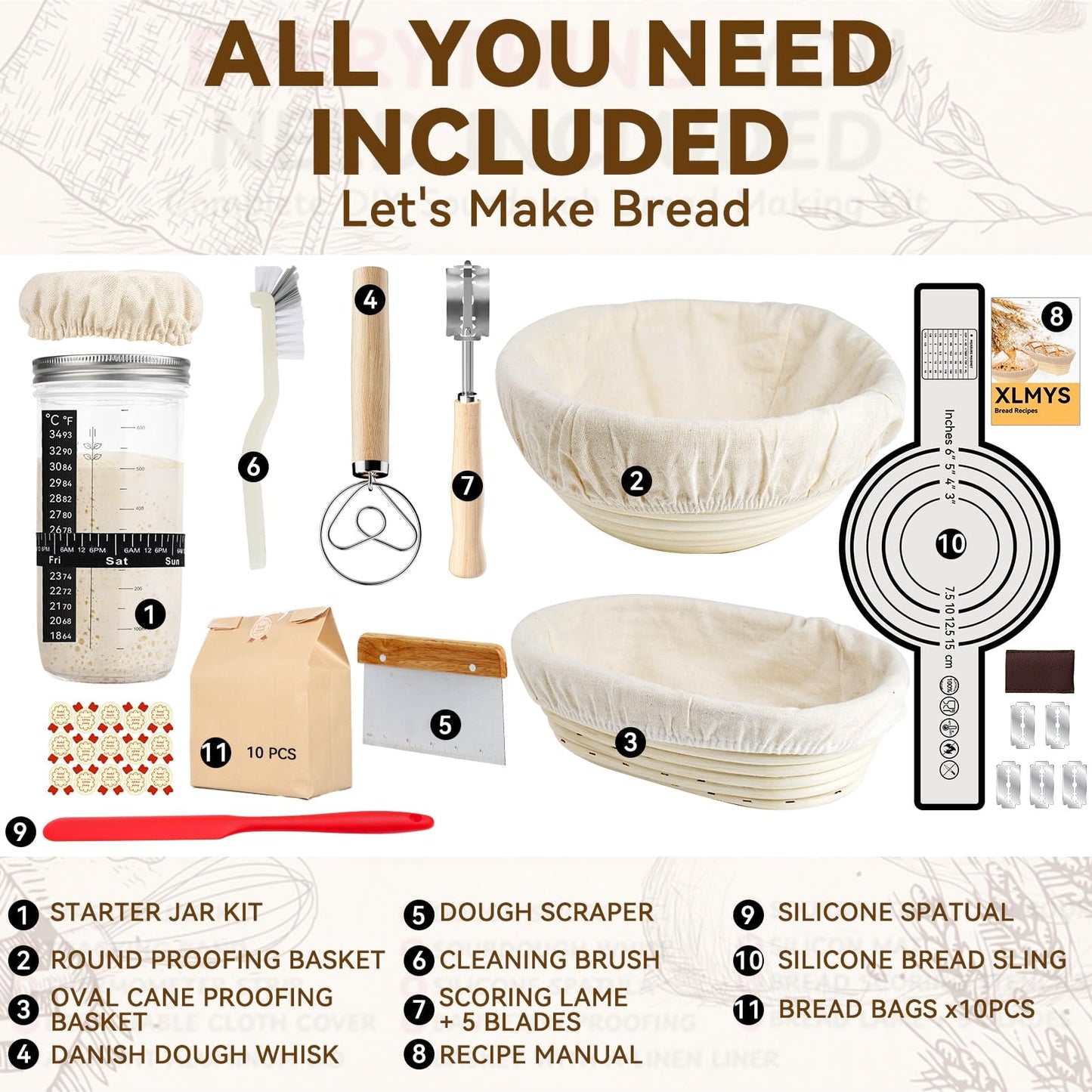 Sourdough Starter Kit - Banneton Proofing Basket 9 Inch Round & 10 Oval, Complete Sourdough Bread Baking Supplies with Starter Jar, Bread Sling, Lame, Danish Dough Whisk, Bags