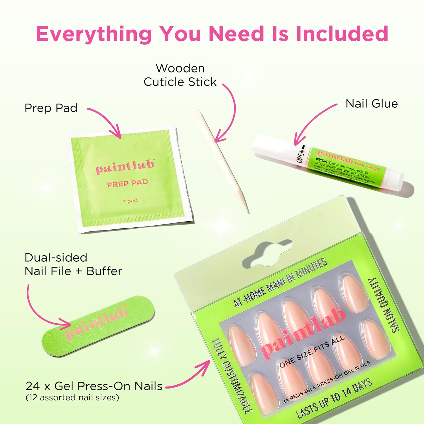 PaintLab Press-On Nails Manicure Kit, Peach Fuzz Almond, 24-Piece Set, Long-Lasting Fake Nails with Glue, File, Prep Pad & Cuticle Stick