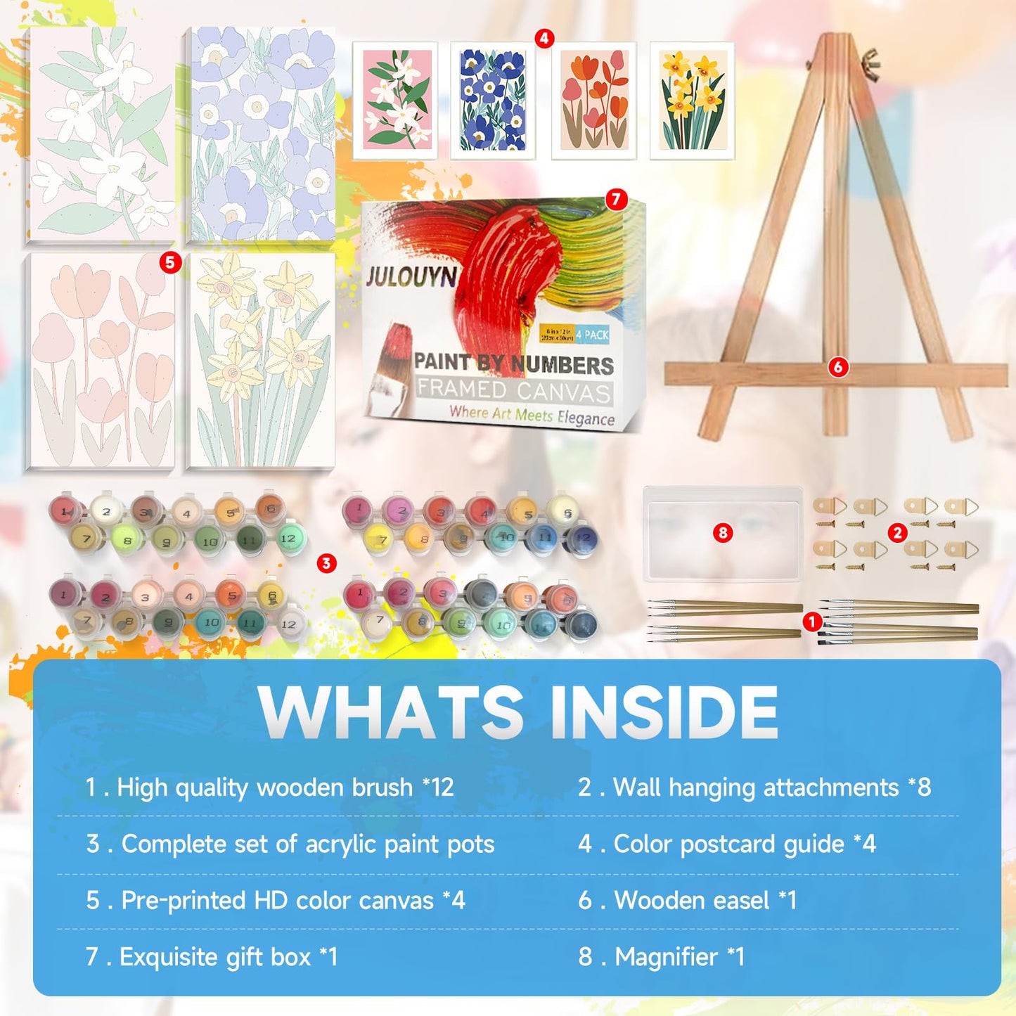 JULOUYN 4 Pack Paint by Numbers Kit for Adults with Framed, Simple Flowers Easy Paint by Number Kits On Canvas with Wooden Easel, Floral Painting by Numbers for Beginner Gift Home Decor 8x12 in