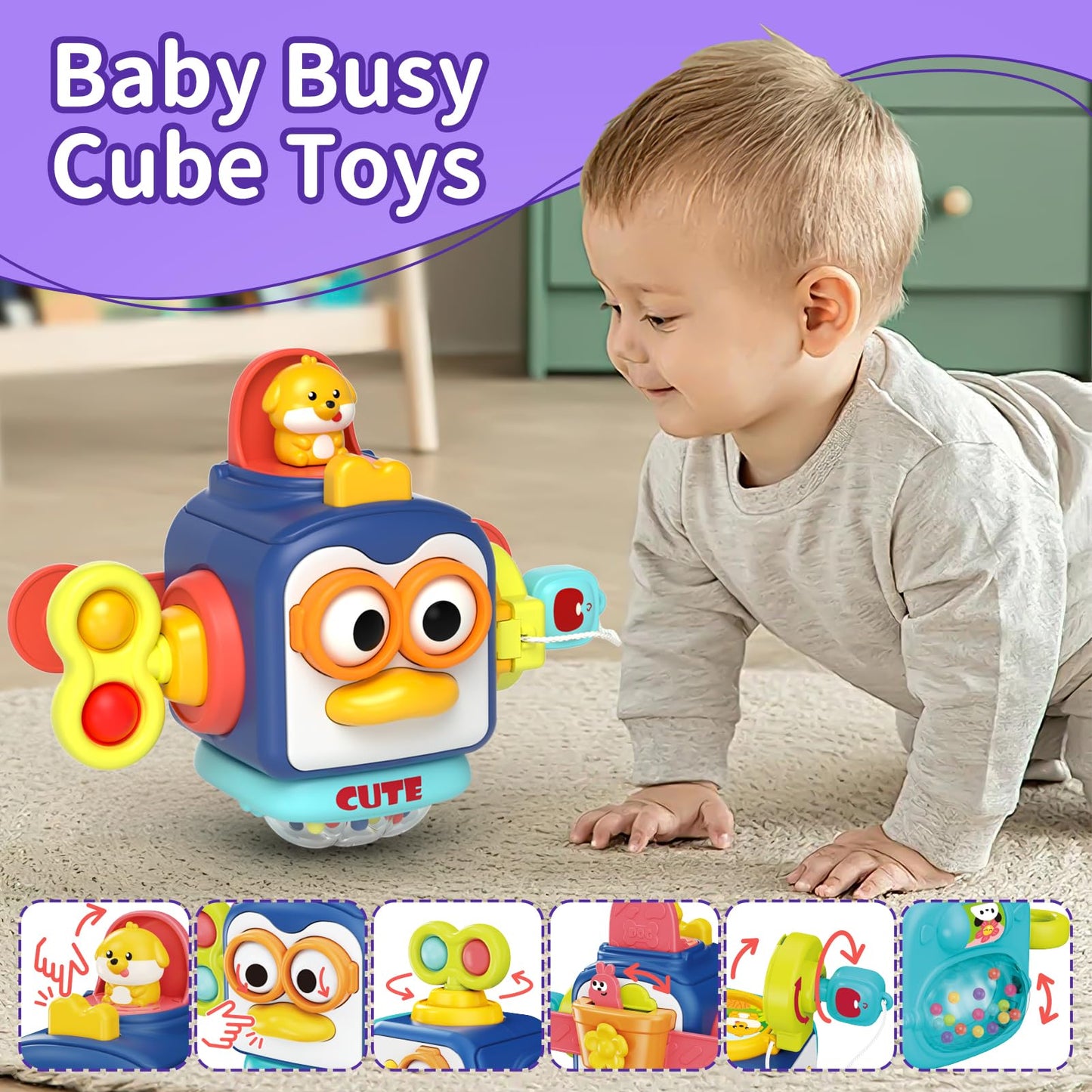 usrela 4 in 1 Baby Toys for 6 12 18 Month, Learning Toys for Babies 6-12 Months, Busy Cube, Stacking Sorter, Piano Xylophone Pull String Travel Toy, Birthday Gifts for Toddlers 1 2 Years Old