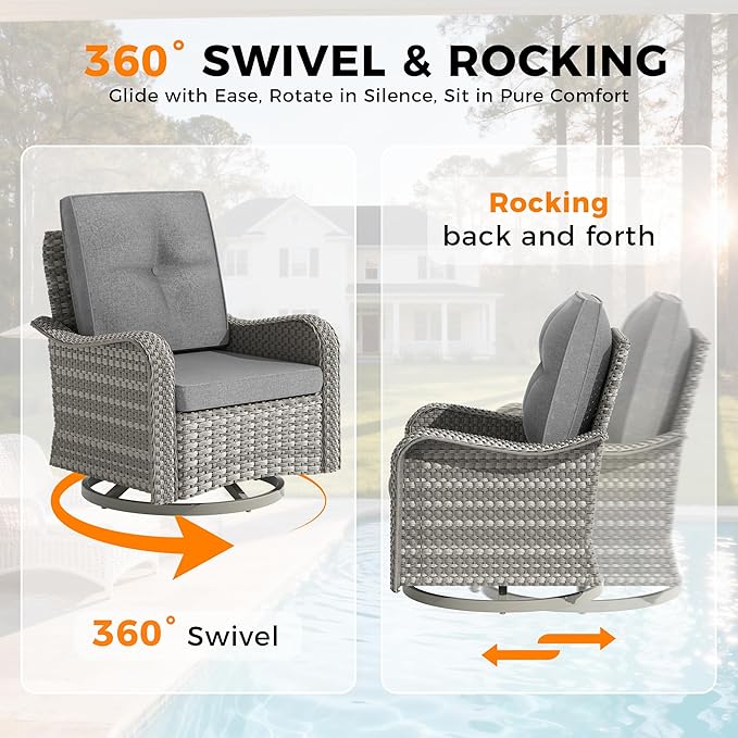 8-Seat Modern Patio Furniture Set with Swivel Rocking Chairs, Thick 4″ Cushions, Dual-Strand Wicker Rattan, Rust-Resistant Steel Frame – Outdoor Conversation & Modular Sectional,Gray