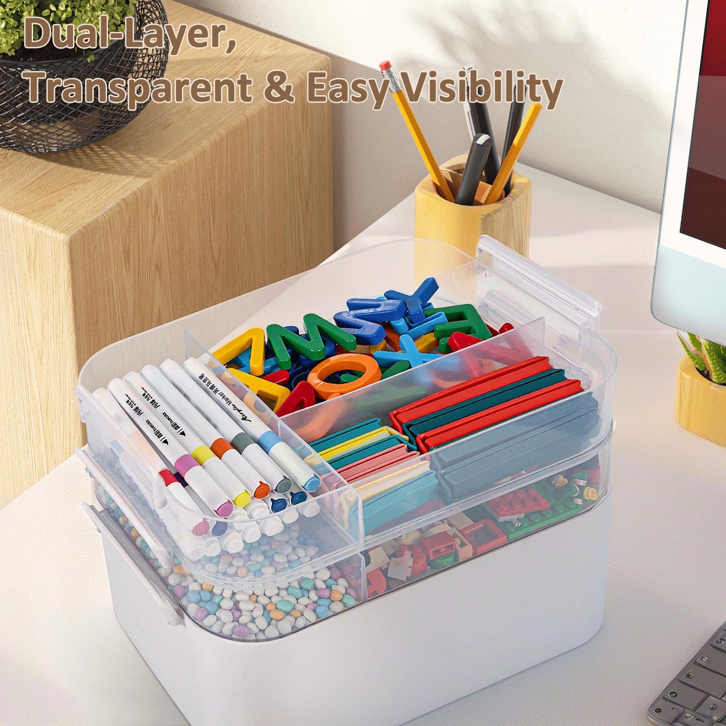 3-Layer Plastic Craft Organizers and Storage Box with Removable Trays, Storage Containers with lids and Handle, Art Supply Storage Organizer for Bead, Ornament, Nail Polish, Tape（10.62" x9"x7.67"）