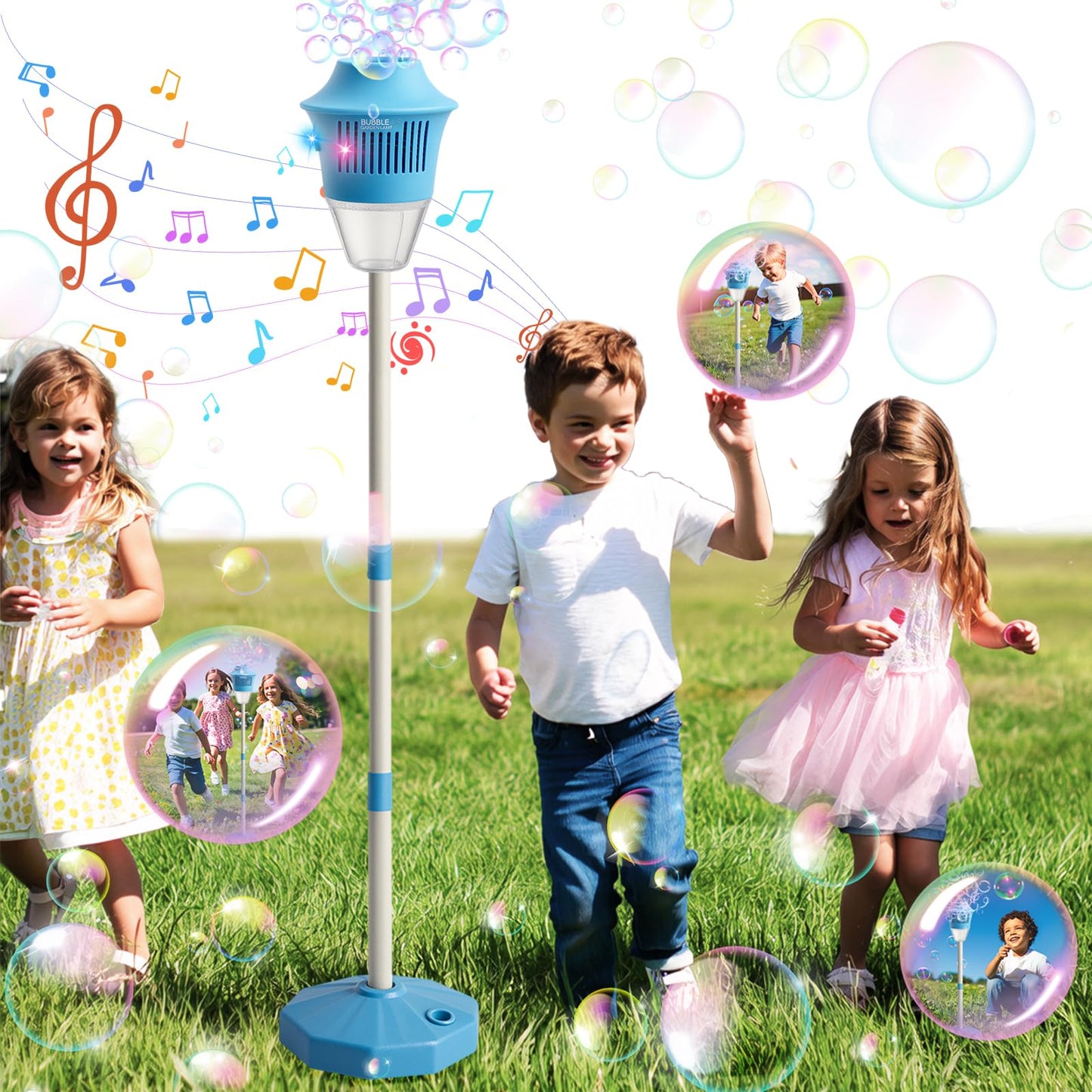 ROHSCE Automatic Bubble Machine with LED Lights & Music, Tall Rechargeable Bubble Maker for Kids, Adjustable Height 47 Inches Outdoor Bubble Stand Machine for Birthday Party, Wedding, Garden, Camping