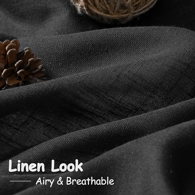 Black Linen Curtains 144 inch Extra Long for Living Room Back Tab Light Filtering Semi Sheer Drapes Modern Farmhouse Muslin Look Decor Cotton Textured Curtain for Floor to Ceiling Window 12 FT