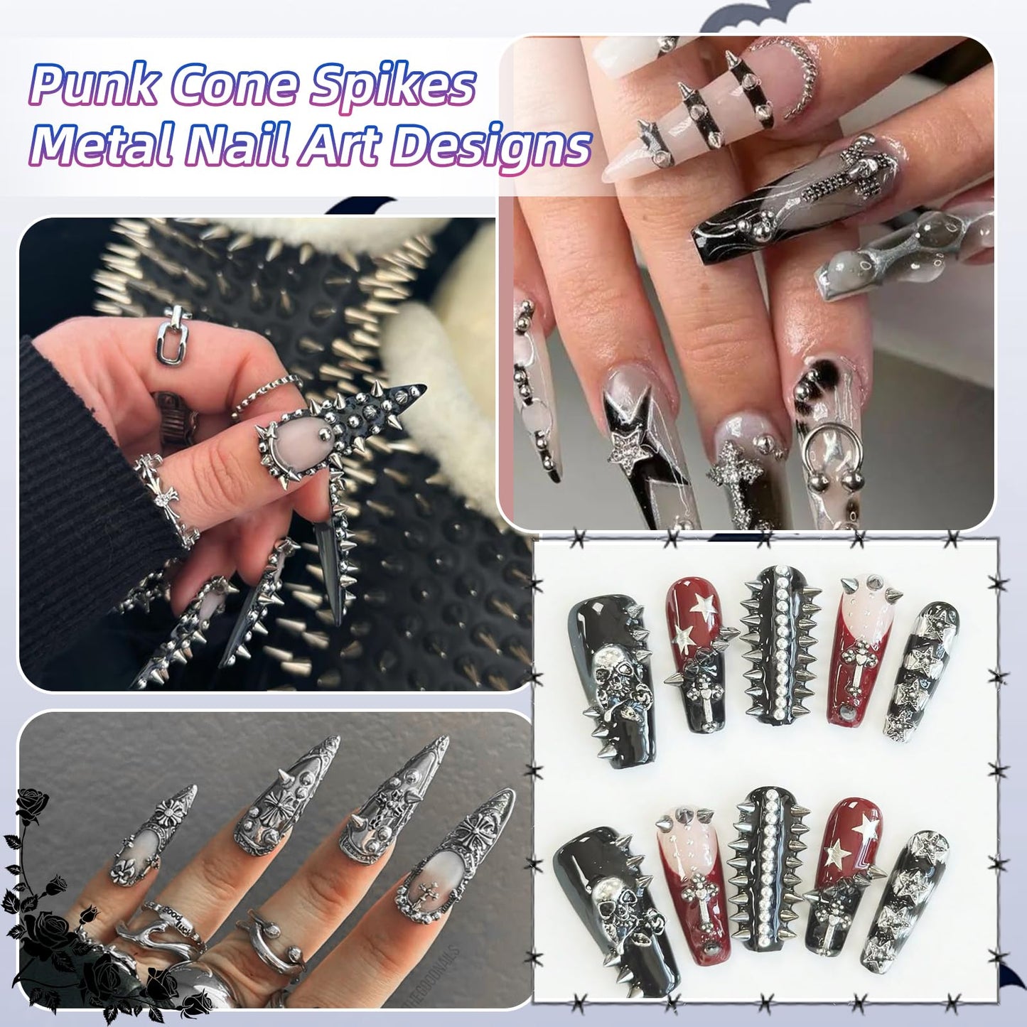2 Boxes Spike Nail Charms 3D Mini Metal Punk Nail Art Studs, Mixed Sizes Black Silver Cone Spikes Nail Rivets Round Steel Ball, Goth Punk Half ABS Pearls for Nails DIY Accessories