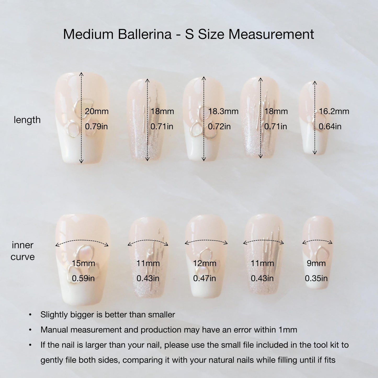 [GLORS] Purly Handmade Medium Ballerina Press on Nails | Mica Love - Shell Piece Pure and Seductive Fake False Nail Art, 10 Pieces (Small, MB)