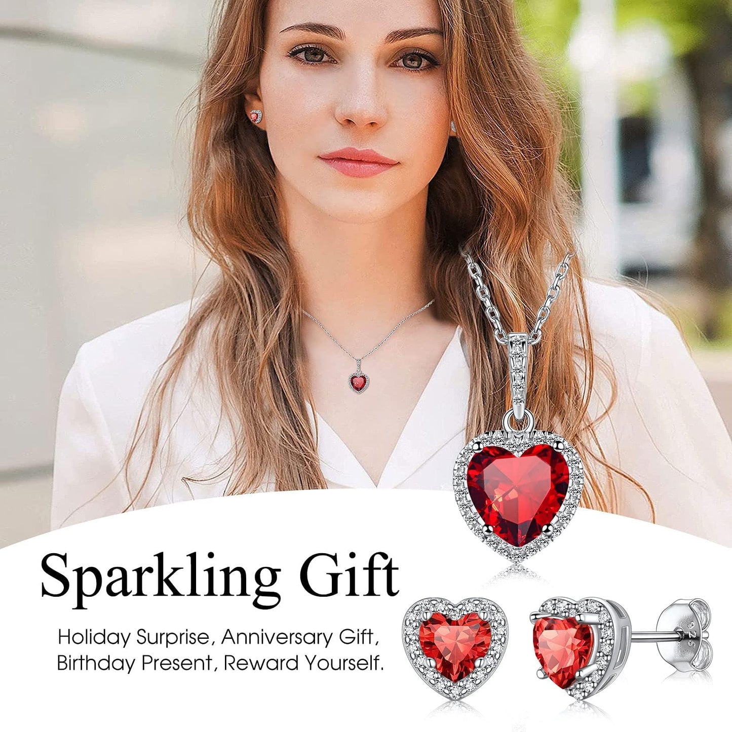Bestyle 925 Sterling Silver Love Heart Cut Cubic Zirconia Stud Earrings, Brilliant Created July Ruby CZ Birthstone Earrings for Women