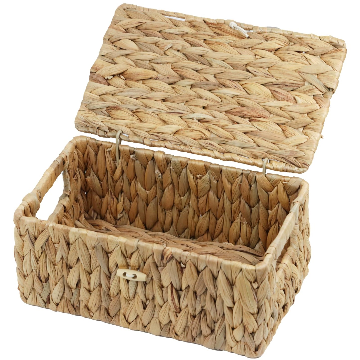 Small Wicker Basket with Lid, Natural Water Hyacinth Storage Baskets for Organizing, Rectangular Woven Basket for Storage, Decorative Boxes Bins with Lids and Built-in Handles (10.2" x 6.3" x 3.9")