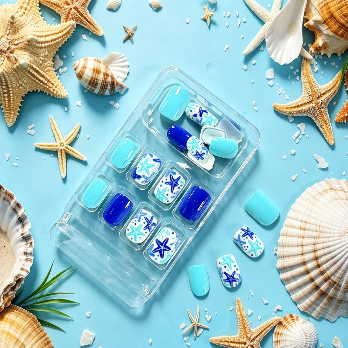 Summer Beach Press on Nails Short Square Cute Fake Nails with Blue Starfish Designs Glossy Acrylic Nails Press ons, 24Pcs Reusable Artificial Stick on Nails for Women Summer Manicure