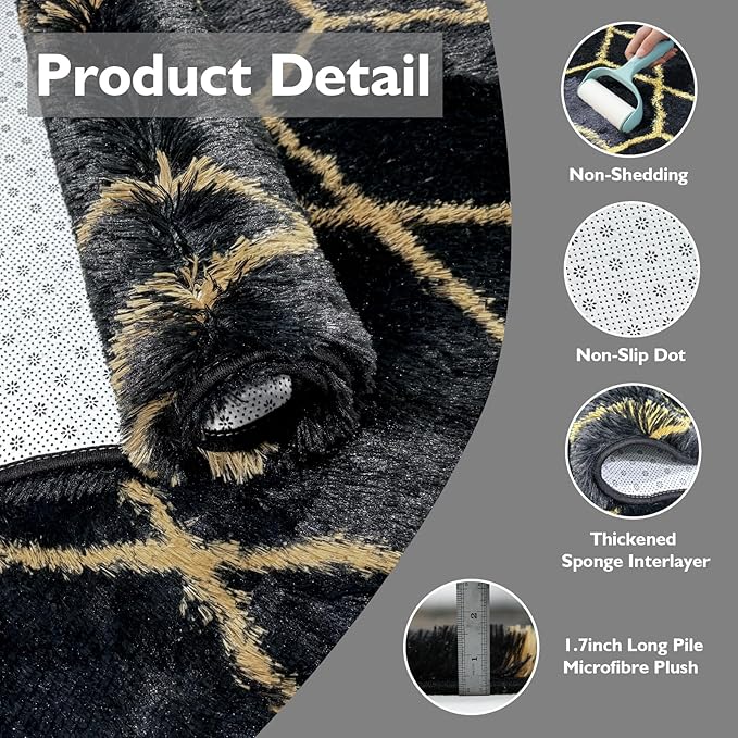 Shag Area Rug for Bedroom 4x6,Fluffy Area Rugs for Living Room,Geometric Soft Fuzzy Rug Non-Shedding Indoor Plush Carpet for Kids Bedroom Nursery Dorm Home Chiristmas,Black and Gold