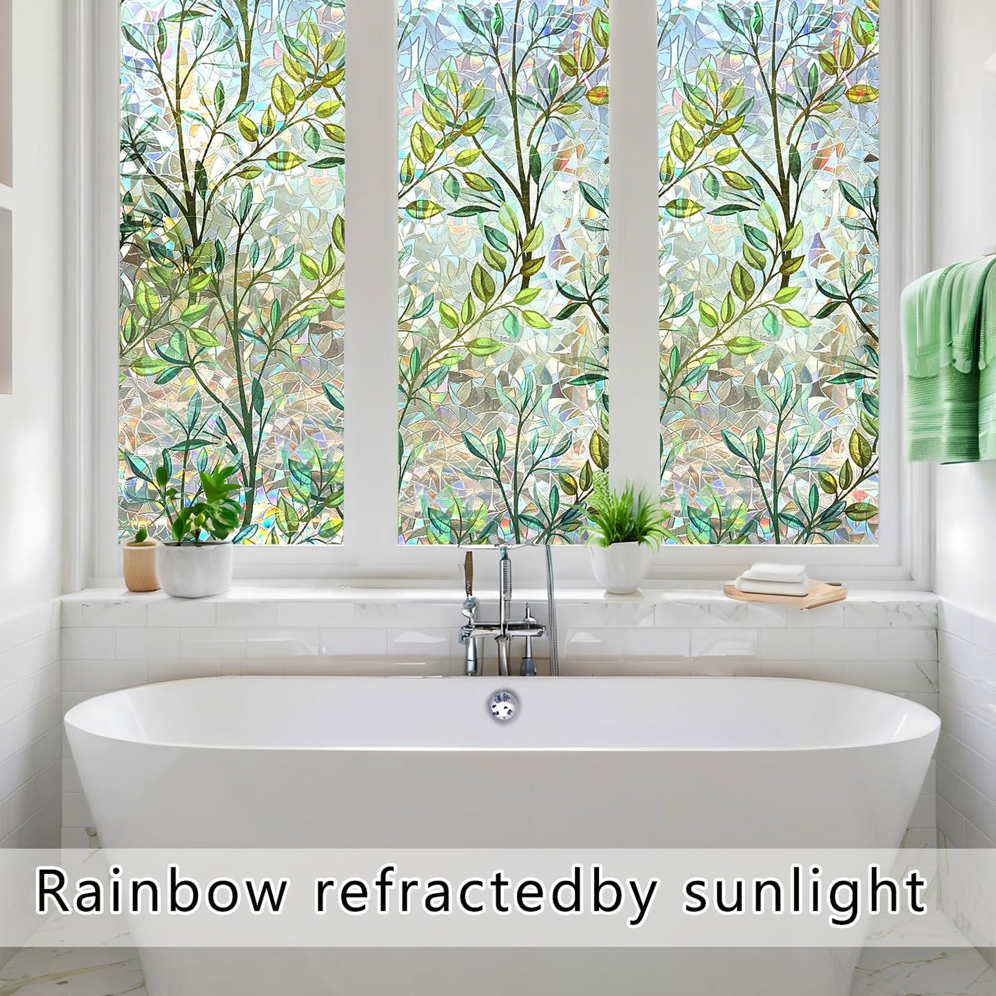 Window Privacy Film Rainbow Window Film – Decorative Static Cling Window Sticker with 3D Stained Glass Effect（35.4 x 78.7 inch） Includes 3 Installation Tools
