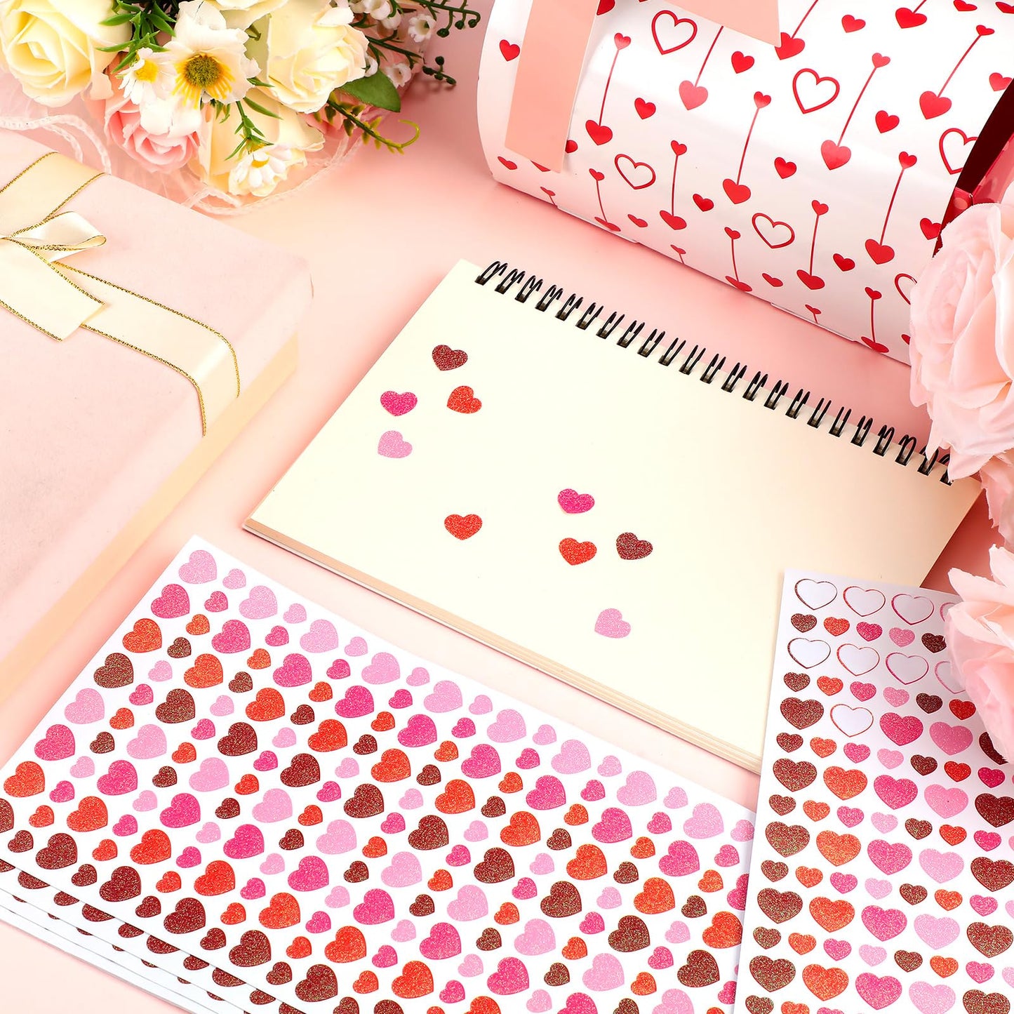 Sayglossy 10 Sheets 2000 Pcs Valentines Small Heart Stickers for Kids, Tiny Mini Heart Stickers, Glitter 2 Size Valentines Decor for Gift Wrapping Scrapbooking DIY Crafts