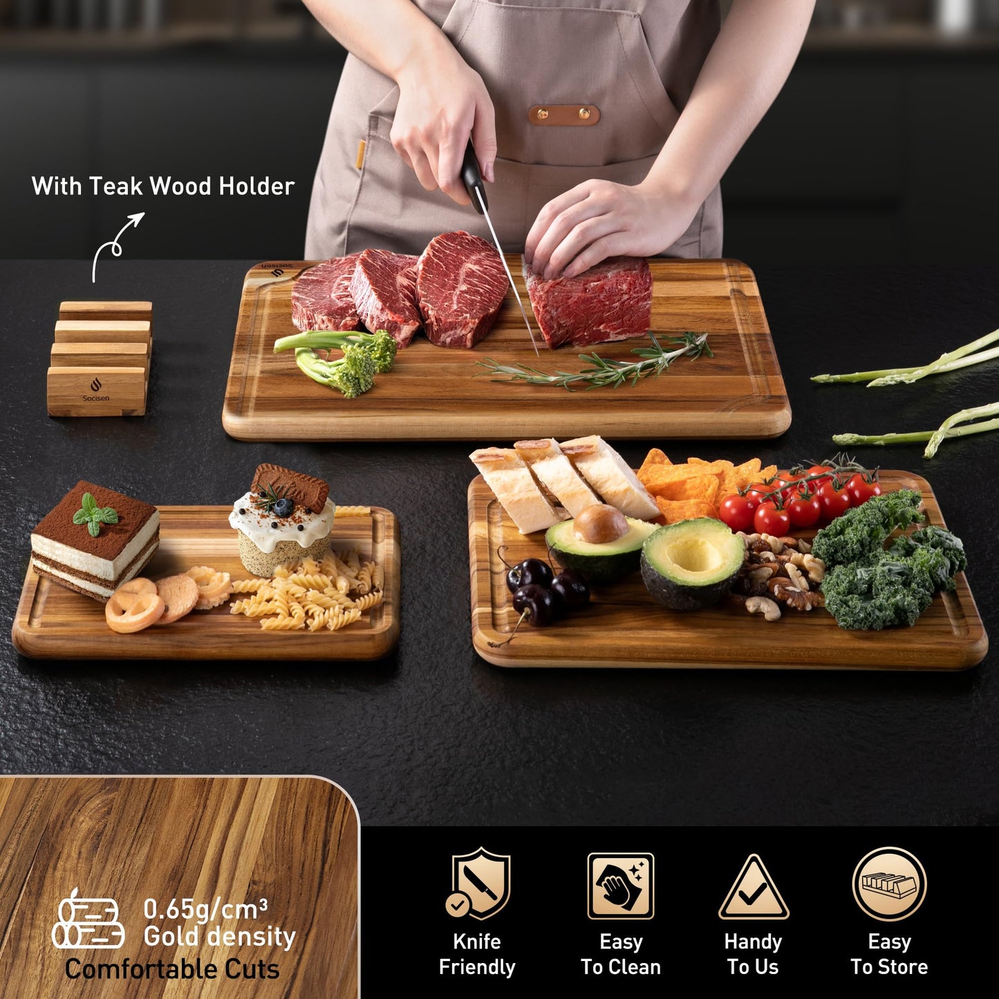 3 Pack Teak Wood Cutting Board Set for Kitchen Charcuterie Board Serving Heavy Duty Non Toxic Slip Over Sink Solid Thick Haus Wooden Chopping Board Large Big Small Meat Best Kitchen Essential Gift
