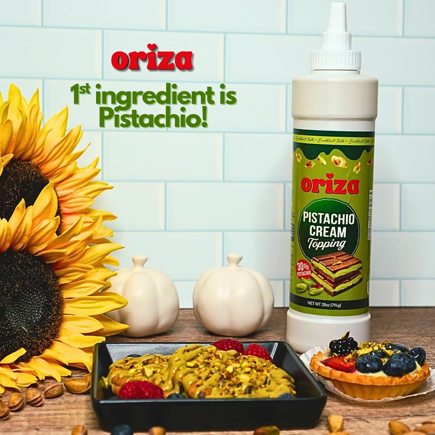 Oriza Pistachio Cream Topping, 28oz Bottle (Pack of 24) – Bulk Pistachio Spread with 30% Pistachios, Palm Oil Free, Non-GMO – Ideal for Cafes, Bakeries & Restaurants
