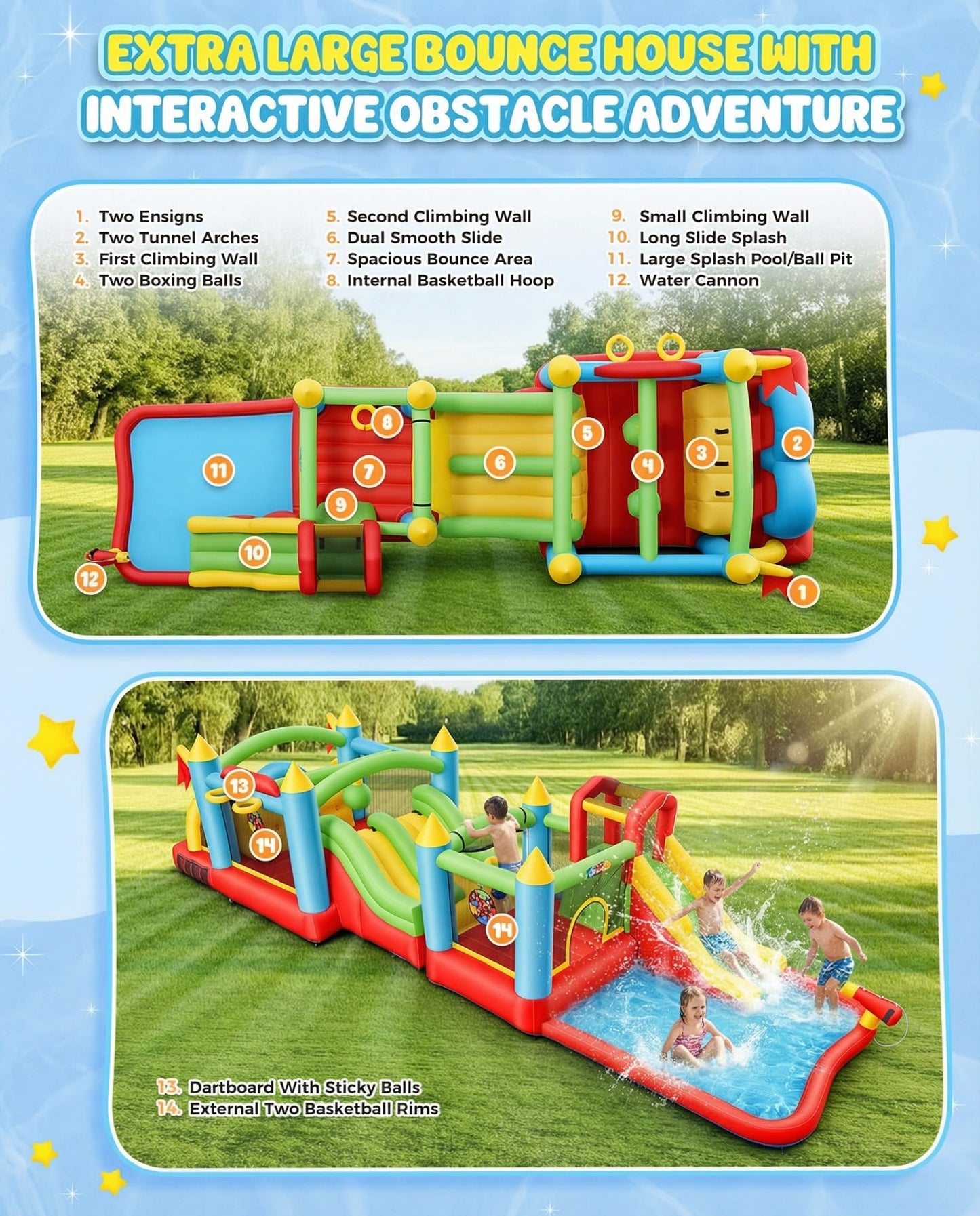 Giant 29FT Wate Slide Bounce House Detachable (15.3+13.5FT) Combo, Obstacle Course & Waterslide, Tunnel/Jumping Area/Spalish Pool, Bouncy Castle for Summer Fun, Inflatable Water Park Holds 10 Kids