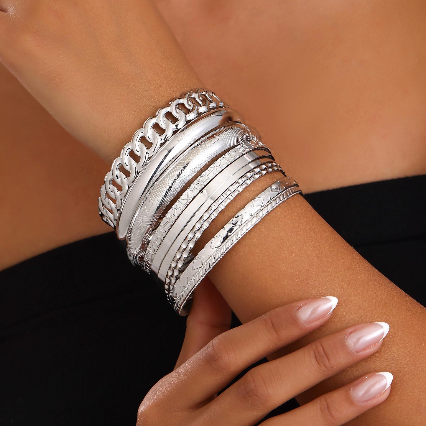 AYWFCBF Silver Bangles for Women, 10 Pcs Boho Stackable Bracelets Multi Layer Textured Chunky Bracelets Jewelry Set for Women