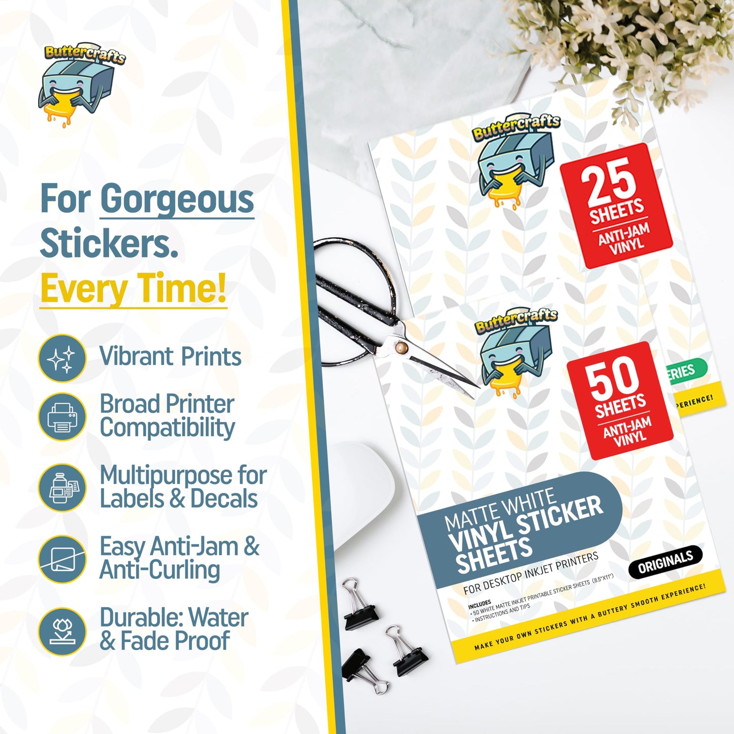 Matte Printable Vinyl Sticker Paper Waterproof 25 Sheets 8.5"x11", Inkjet Printer (HP, Canon, Brother Printers Compatible) - Weatherproof White Sticker Sheets - Strong Adhesive