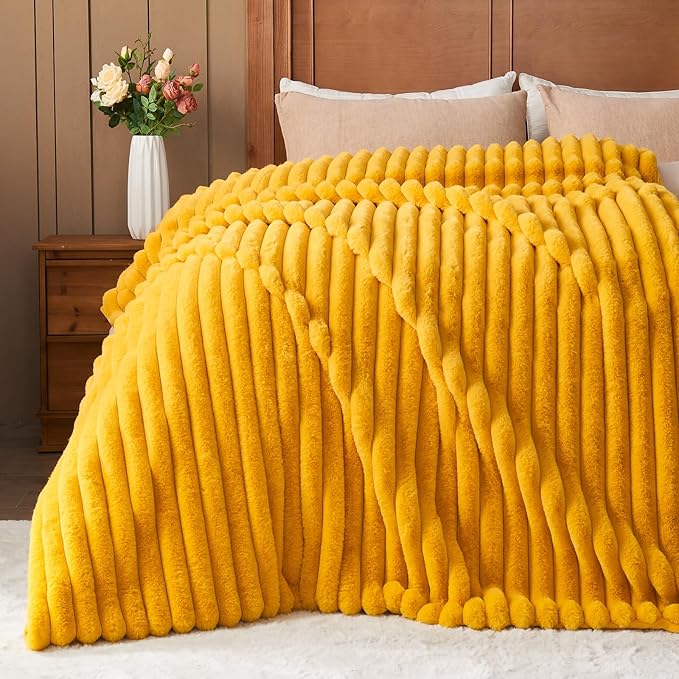 NEWCOSPLAY Faux Fur Throw Blanket Mustard Yellow 3D Ribbed Plush Thick Warm Blanket for Couch Sofa Bed 850GSM (Mustard Yellow Ribbed, Throw(50"x60"))