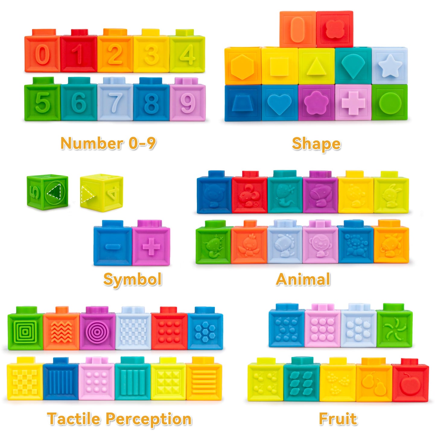 6 in1 Montessori Baby Toys 6-12 Months，Montessori Toy for Babies 6-12 Months，Incl 12pc Building Blocks &Silicone Pull String & Sensory Cube & Manhattan Ball& 2 Stacking Toys. Baby Development Toys
